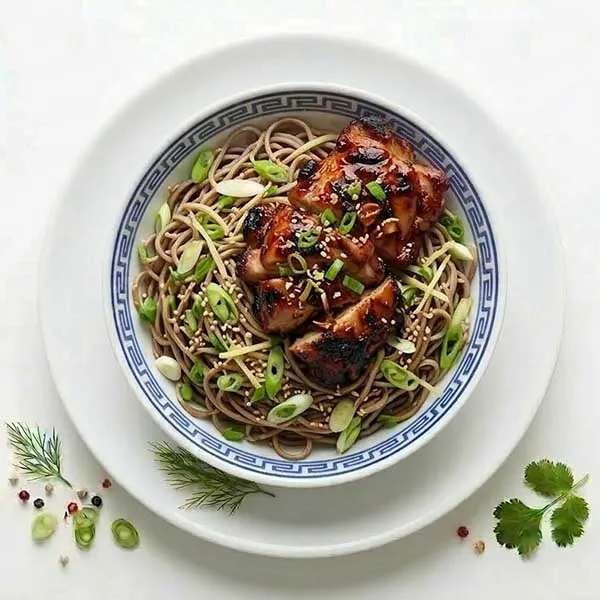 Sticky soy and ginger chicken with scallion soba noodles